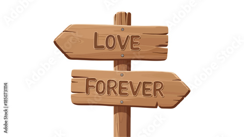 Wooden Signpost with Love and Forever Arrows Pointing in Opposite Directions Symbolizing a Decision or Journey