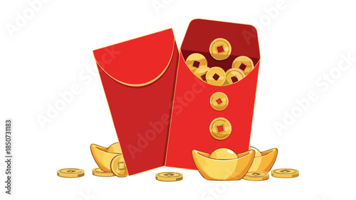 Lucky Red Envelopes Filled with Gold Coins and Ingots for Chinese New Year Celebration Festive Wealth and Prosperity Concept