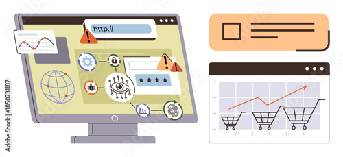 Computer monitor with cybersecurity alerts, login forms, shopping graphs, and global connection. Ideal for e-commerce, cybersecurity, online privacy, analytics, internet safety data breach digital