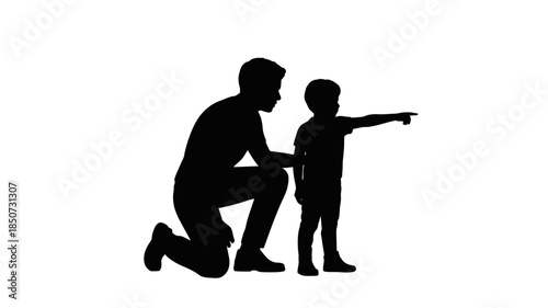 Father Guiding Child Silhouette – Dad Kneeling Beside Kid Pointing Forward