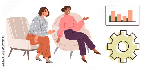 Two colleagues seated on modern chairs engaged in discussion, with a bar graph and gear nearby. Ideal for teamwork, strategy, brainstorming, collaboration, analysis, planning efficiency. Simple flat