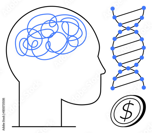 Genetics, neuroscience, mental health, financial decisions, biotechnology, human cognition. Outline of a human head with brain ion, DNA strand and coin. Genetics and neuroscience visualization
