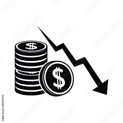 Dollar coin stack with downward arrow indicating financial loss