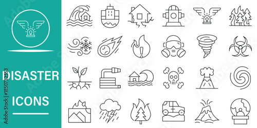 Disaster line icons pack. Editable stroke pictograms for pollution, weather events, lightning, fire, geological catastrophes and more concept. Vector illustration.