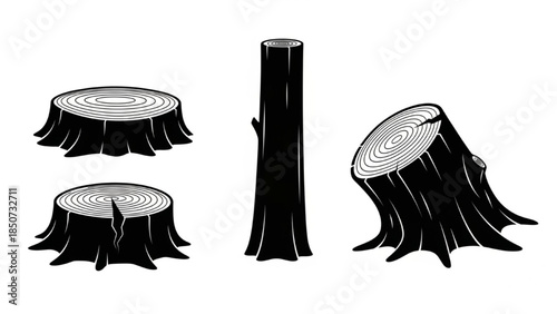Black Tree Stump Silhouette Vector Set Showing Short Tall Split Angled Variants