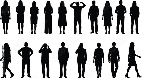Business people silhouettes collection, men and women standing walking poses, professional office crowd figures isolated on white background, vector illustration
