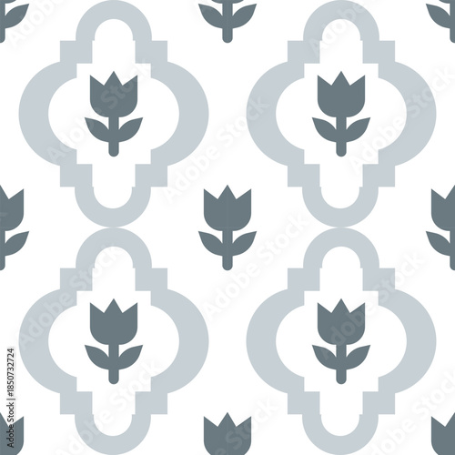 pattern, seamless, quatrefoil, tulip, flower, floral, geometric, moorish, arabesque, minimalist, modern, wallpaper, background, texture, grey, white, pastel, vector, illustration, design, decorative, 