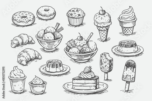 Hand Drawn Dessert and Sweet Treats Vector Sketch Collection