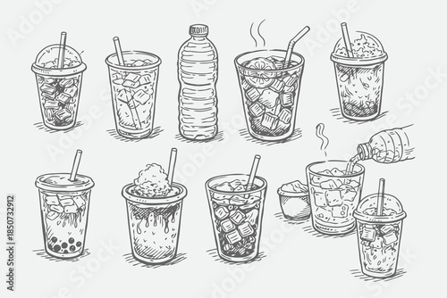 Hand Drawn Street Drink Cups Vector Sketch Illustration Set