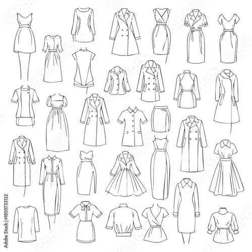 Collection of Line Art Dresses Coats and Shirts for Fashion Design Projects