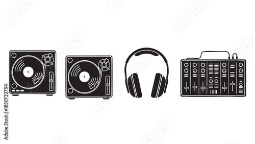 dj equipment set with turntables and headphones on transparent background