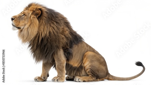 A majestic 8-year-old male lion Panthera leo with a thick mane standing and sitting isolated on a white background, featuring a powerful king predator portrait of this wild feline mammal