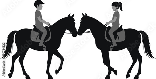 Horse riders facing each other, grayscale symmetry pose, stylized motion, helmet and ponytail, equestrian gesture, minimal art, dynamic confrontation