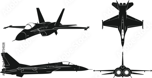 Military fighter jet aircraft silhouette set, modern combat airplane front side top views, black isolated vector illustration design collection graphics