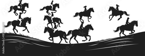 Horse riding silhouettes, equestrian performance scene, acrobatic poses, galloping motion, cowboy riders, stylized terrain, black figures, vector art, ranch theme