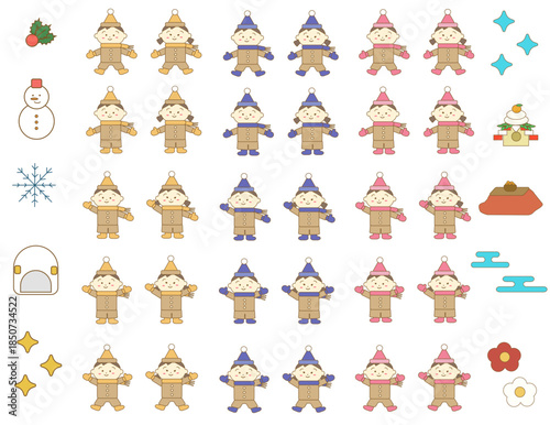 可愛い冬の挿絵と冬服のこどものセット