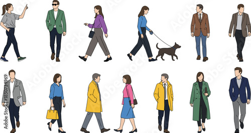 Stylish urban people walking set, men and women in modern casual business outfits, city lifestyle characters, flat vector illustration collection