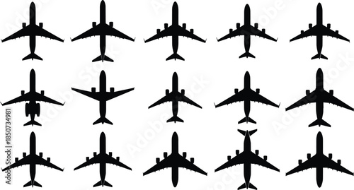 Airplane top view silhouettes set, commercial passenger aircraft collection, black isolated aviation icons on white background, vector illustration