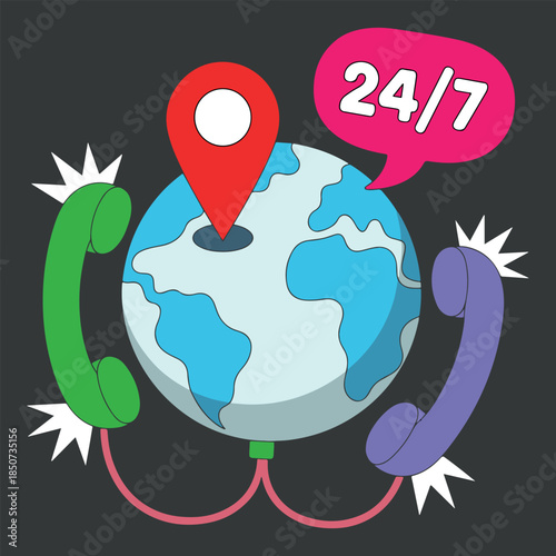 Global Support and Customer Service Icon – 24/7 International Communication