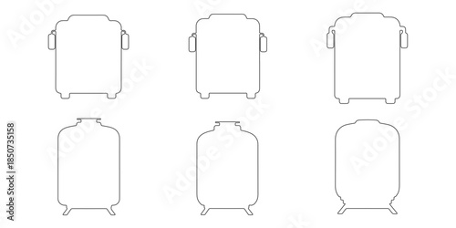 CAD Drawings. Front view of public transport vehicles outline, including city bus, coach bus, tram, and metro train isolated on white background. Vector illustration.