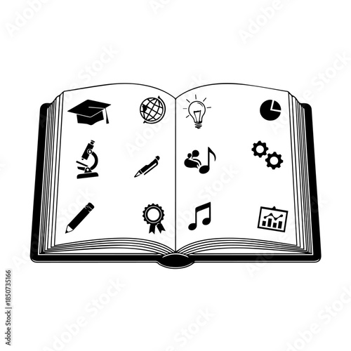Open book showing various educational icons