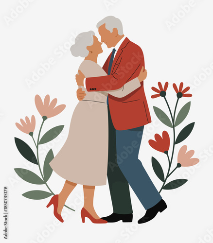 A heartwarming scene depicting an elderly couple embracing, capturing the essence of enduring love, intimacy, and the beauty of lifelong companionship against floral accents.