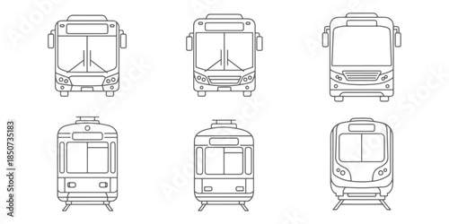CAD Drawings. Front view of public transport vehicles, including city bus, coach bus, tram, and metro train isolated on white background. Vector illustration.