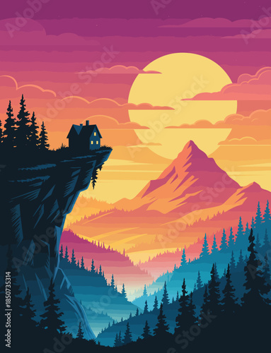 A breathtaking sunset casts vibrant colors across a mountain landscape, highlighted by a solitary house perched on a cliff, evoking a sense of solitude and beauty.