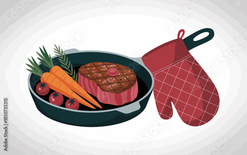 This image captures a beautifully cooked steak alongside fresh carrots and tomatoes in a cast iron skillet, emphasizing a hearty meal filled with flavor and nutrition.