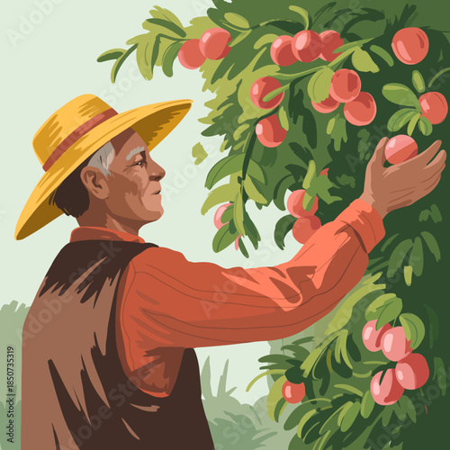 An elderly man in a straw hat gathers ripe fruits from a lush tree, representing the beauty of nature and the rewarding experience of harvesting ripe produce in a tranquil environment.