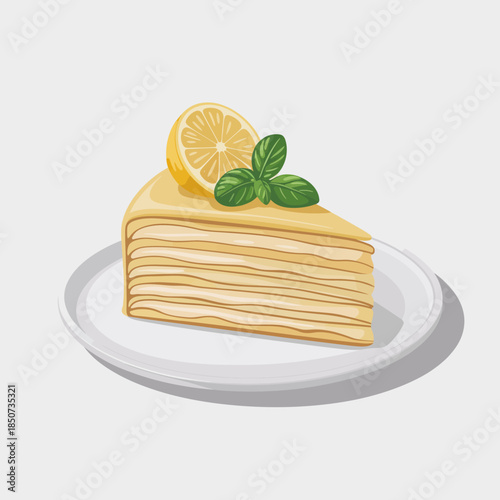 This tempting image showcases a slice of creamy lemon cake garnished with a fresh slice of lemon and mint leaves, representing indulgence and culinary joy in dessert creation.