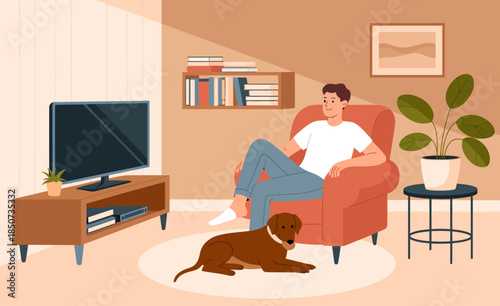 A serene illustration of a man lounging with his dog in a comfortable living room, capturing the essence of companionship and relaxation in home life.