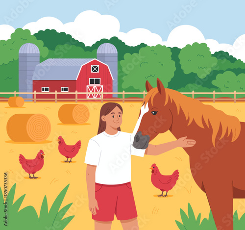 A young girl affectionately pets a horse on a sunny farm, illustrating the bond between humans and animals and the joys of rural life, featuring farm structures and livestock.