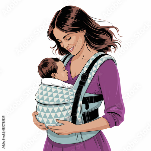 An affectionate illustration of a mother gently holding her baby in a stylish baby carrier, representing love, nurturing, and contemporary parenting in a heartwarming manner.