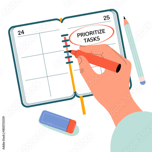An illustration of a hand prioritizing tasks in a planner, symbolizing organization and productivity. This image emphasizes the importance of scheduling and time management.