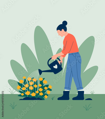 A woman lovingly waters vibrant flowers in a garden, emphasizing the nurturing aspect of gardening. The greenery and flowers create a serene atmosphere filled with life and beauty.