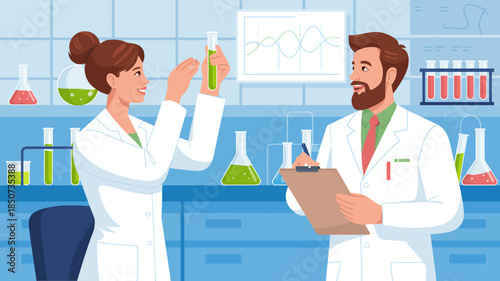 The image showcases two scientists collaborating in a modern laboratory environment, emphasizing teamwork, innovation, and the pursuit of knowledge through scientific research.