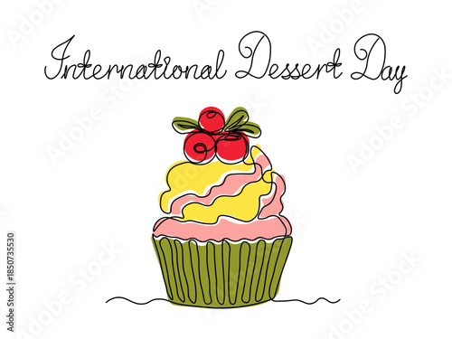 International dessert day.  Greeting card. Abstract cake with cream and berry cranberry, muffin, cupcake, continuous single one line art hand drawing sketch logo on white background