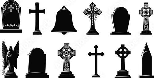 Cemetery silhouette icons, gravestone vector set, memorial symbols, cross shapes, angel statue, funeral elements, cad drawing flat vector illustration