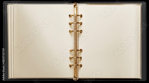 Wallpaper Mural Close-up of an open, empty binder notebook with a leather-like cover and metallic spine. The pages are blank, cream-colored Torontodigital.ca