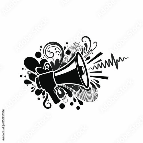 Megaphone Communication Icon with Sound Waves. Black and White Marketing Announcement Graphic.