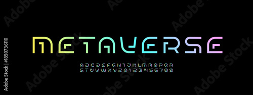 Bright font neon alphabet from segment line, multi colored technology style letters, and numbers, vector illustration 10EPS
