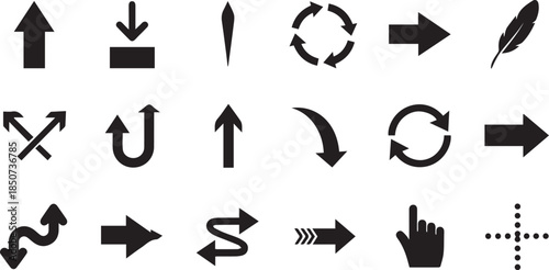 Versatile Arrows Icon Set: A comprehensive collection of various arrow icons, each precisely designed to symbolize diverse directions, processes, and concepts.