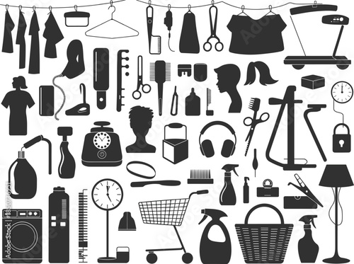 Household item silhouettes, personal care tools, cleaning supplies, fitness gear, shopping icons, grooming essentials, lifestyle objects, black vector illustration