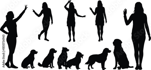Human and dog silhouettes, black and white, gesture poses, companionship, pet lovers, standing figures, stylized clipart, bonding, vector art