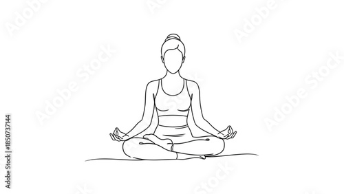 Elegant woman in lotus yoga pose line art, simple silhouette with balanced posture, perfect for wellness branding or yoga prints.
