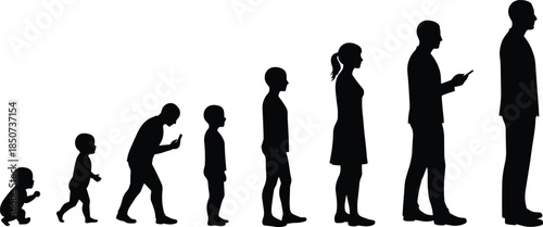 Human growth silhouettes, life stages, posture evolution, technology impact, crawling to adulthood, behavioral change, minimal vector, development, digital age, awareness