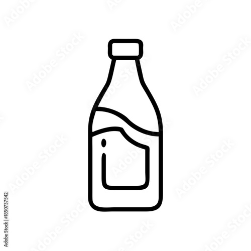 Line drawing of a glass bottle with label and liquid inside  