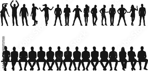 Human silhouette grid, dynamic poses, seated figures, expressive gestures, faceless people, behavior contrast, character design, posture reference, social theme illustration