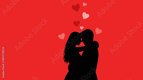 Silhouette of Couple Sharing Intimate Moments with Floating Hearts on Red Background